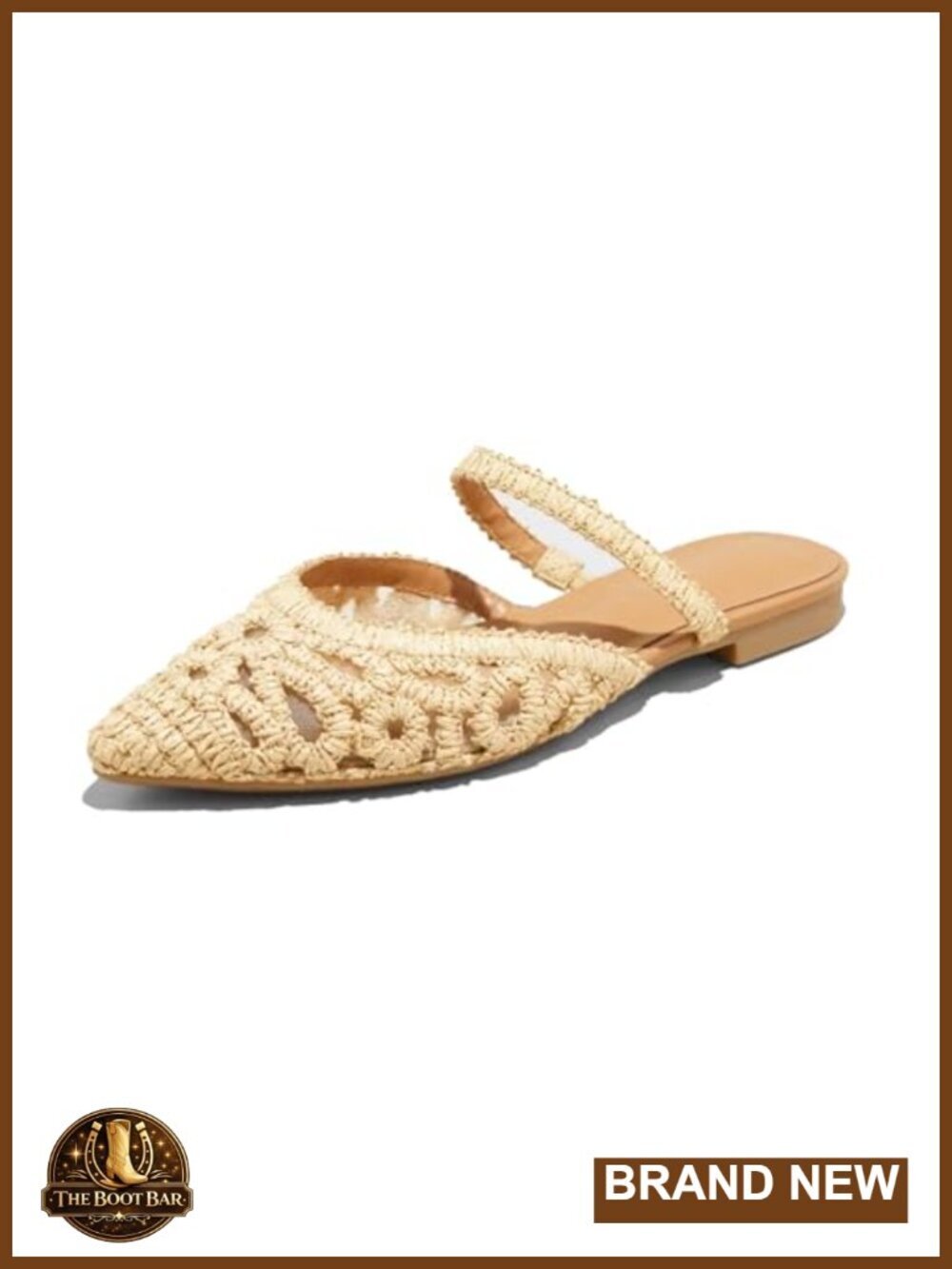 Mesh Mules with Raffia Woven Strap Closed Pointed Toe Casual Slip On Flats